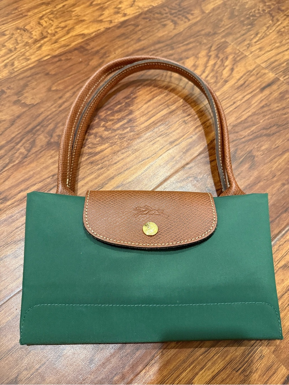 Longchamp Le Pliage Original M Tote British Green Brown Leather - Picture 13 of 15